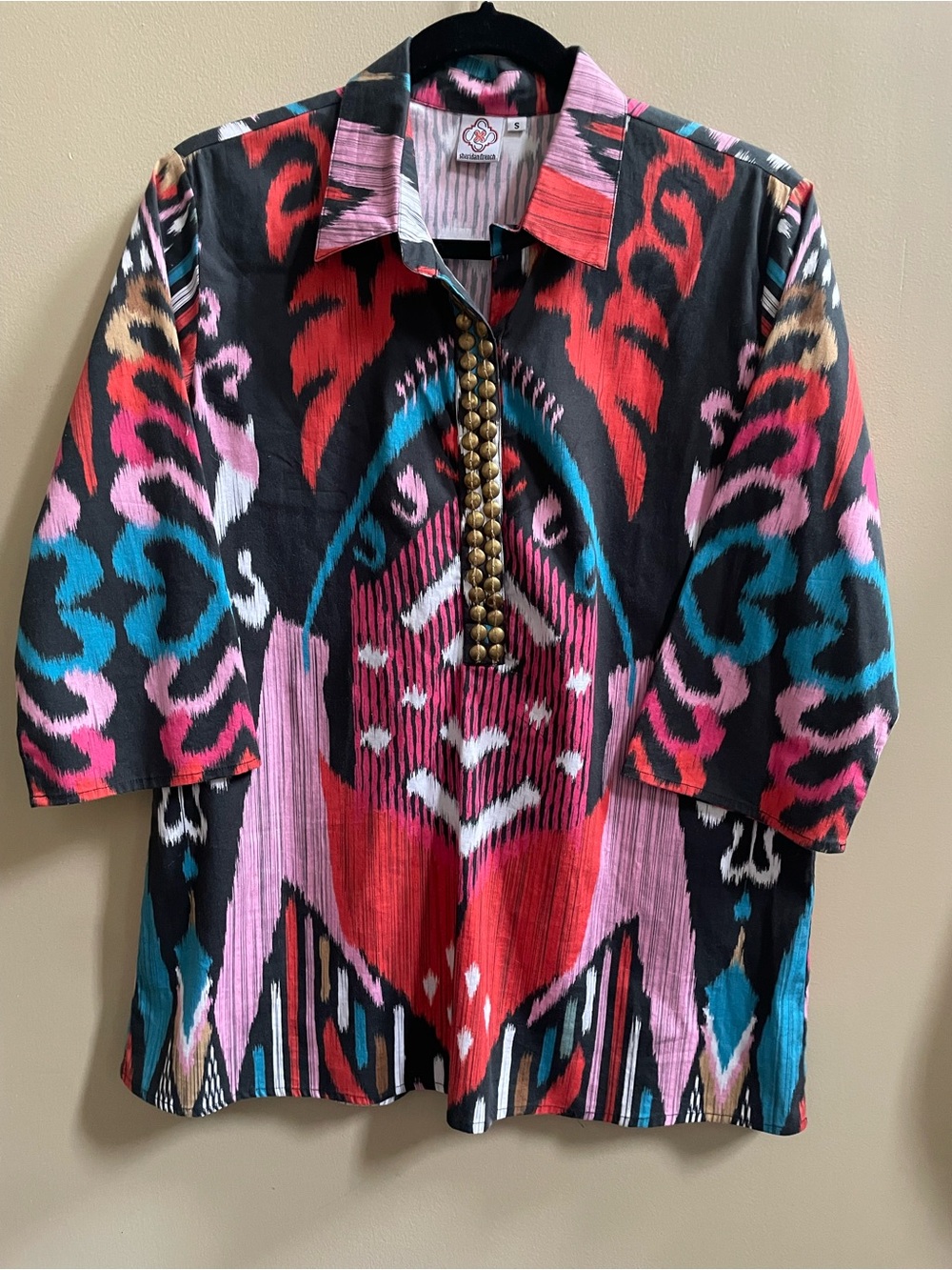 Sheridan French Ikat Tribal Print Studded Henley Blouse 3/4 Sleeve Top Size S
